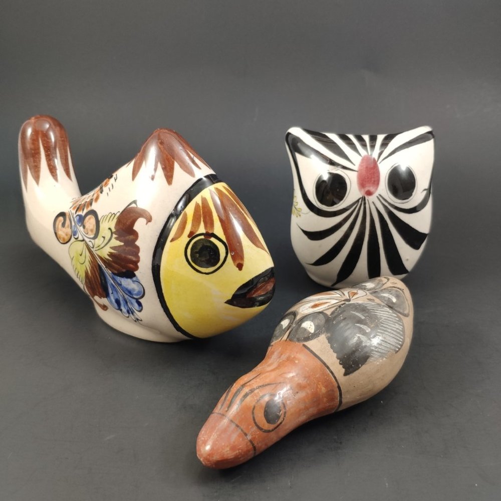 Set of 3 Talavera Ceramic Vintage Figurines Bird, Owl, and Fish Set